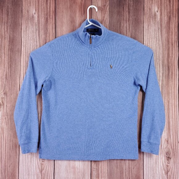 Polo Ralph Lauren Estate Rib Mens Medium Blue 1/4 Quarter Zip Pullover Sweater - Picture 1 of 13